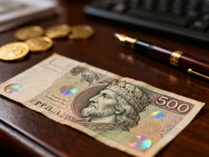Kobieta trzymająca w dłoni szwedzki banknot 500 koron na tle cyfrowej tablicy z kursami walut.
