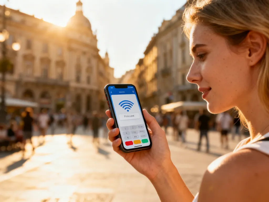 Kobieta płacąca telefonem zbliżeniowo na tle europejskiego miasta, co ilustruje zasięg płatności mobilnych.