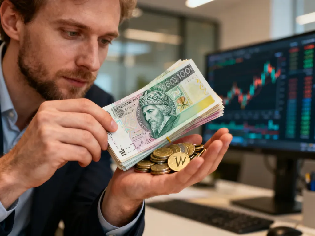 Mężczyzna trzymający w dłoniach polskie banknoty oraz ukraińskie monety na tle nowoczesnego biura finansowego.