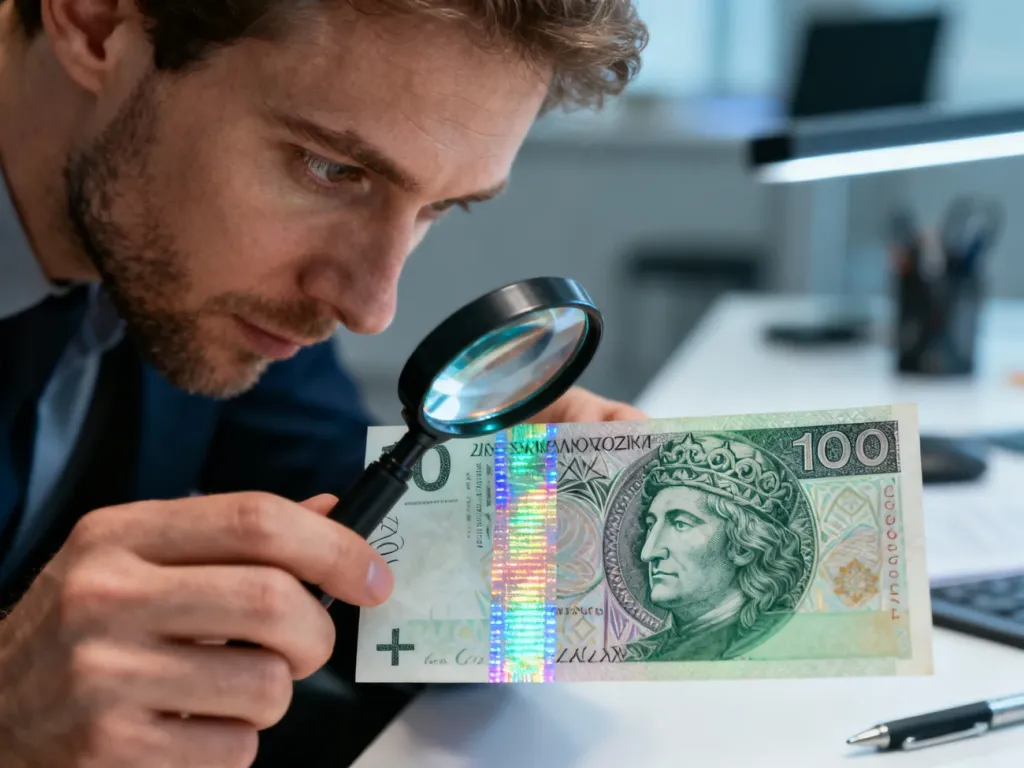Mężczyzna sprawdza autentyczność banknotu 100 zł za pomocą lupy, skupiając się na zabezpieczeniach holograficznych.