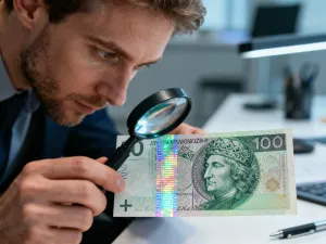 Mężczyzna w nowoczesnym biurze oblicza finanse na tablecie, symbolizując przeliczanie walut i planowanie budżetu.