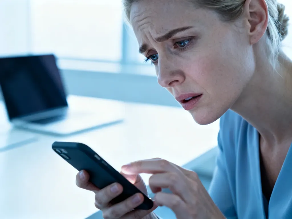 Zaniepokojona kobieta trzymająca smartfon w biurze, ilustrująca problem z błędną płatnością BLIK.