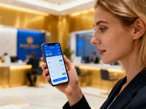 Kobieta płacąca telefonem zbliżeniowo na tle europejskiego miasta, co ilustruje zasięg płatności mobilnych.