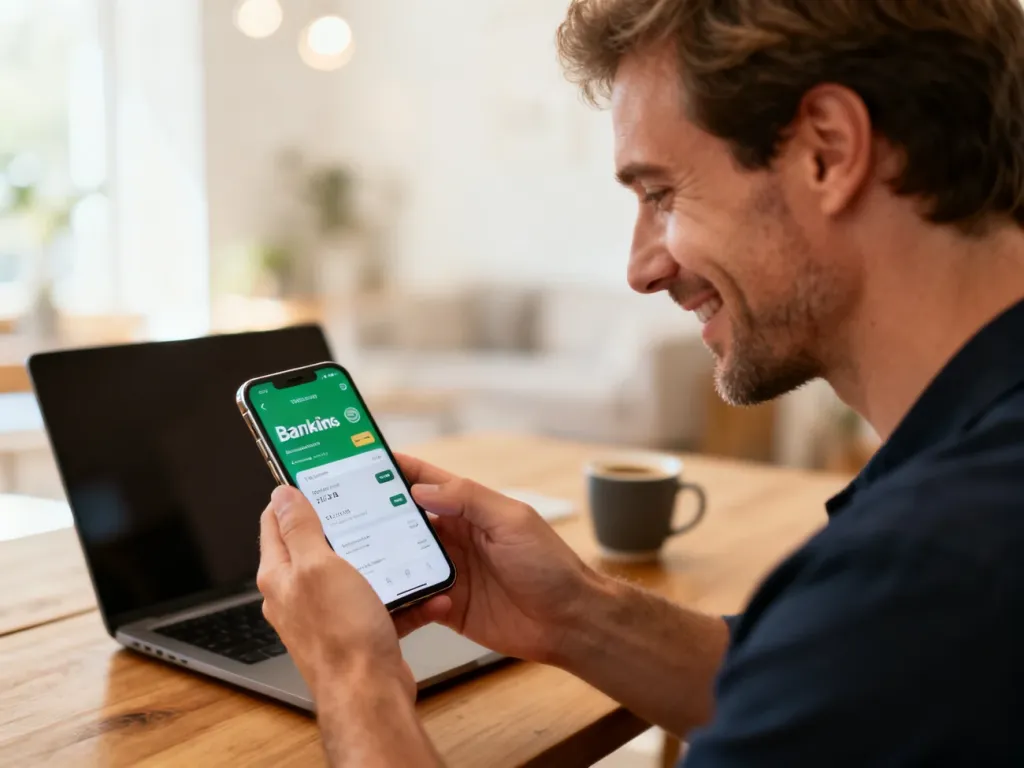 Mężczyzna zadowolony z obsługi aplikacji bankowej na smartfonie w domowym biurze.