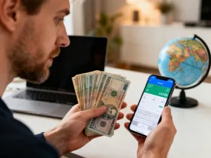 Kobieta z uśmiechem sprawdza stan konta w aplikacji mobilnej na smartfonie, siedząc w nowoczesnym biurze domowym.