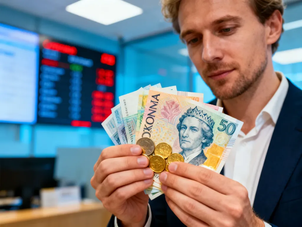 Mężczyzna trzyma w dłoniach czeskie korony w formie banknotów i monet na tle tablicy z kursami walut.