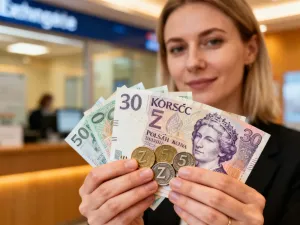 Mężczyzna sprawdza kurs wymiany walut w aplikacji na smartfonie, trzymając w dłoniach plik banknotów.