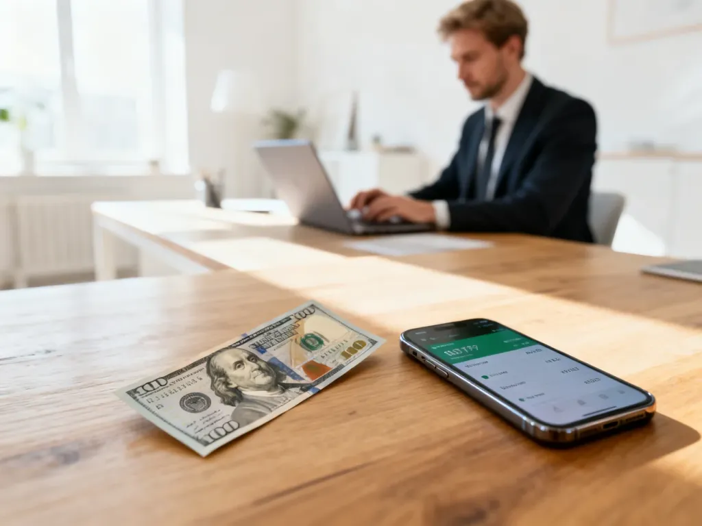 Banknot 100 dolarów obok smartfona z aplikacją do przeliczania walut na tle nowoczesnego biura.