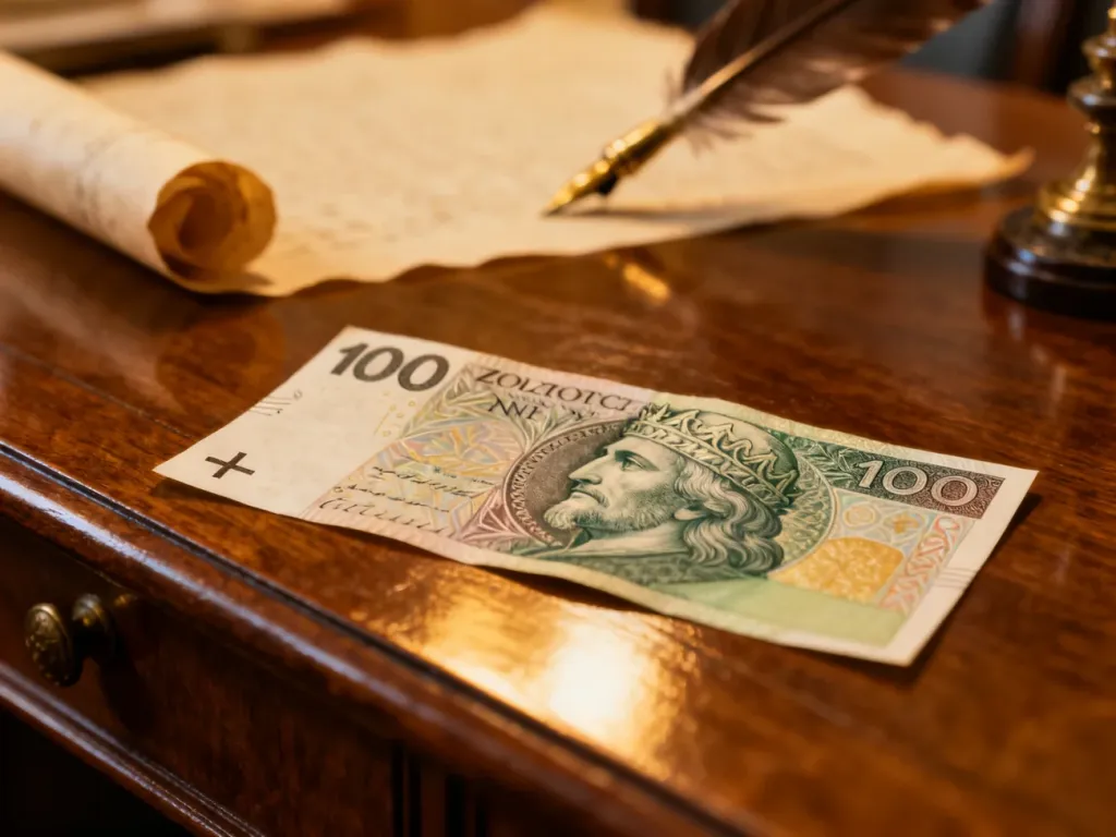 Zbliżenie na portret króla Władysława II Jagiełły widniejący na banknocie 100 złotych w ciepłym, eleganckim oświetleniu.