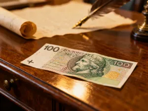 Kobieta trzymająca w dłoni banknot 50 koron duńskich na tle kantoru i miejskiej ulicy.
