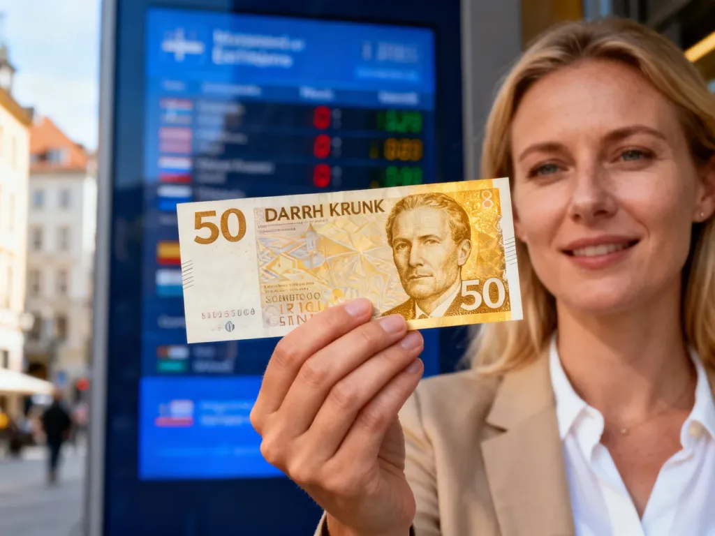 Kobieta trzymająca w dłoni banknot 50 koron duńskich na tle kantoru i miejskiej ulicy.