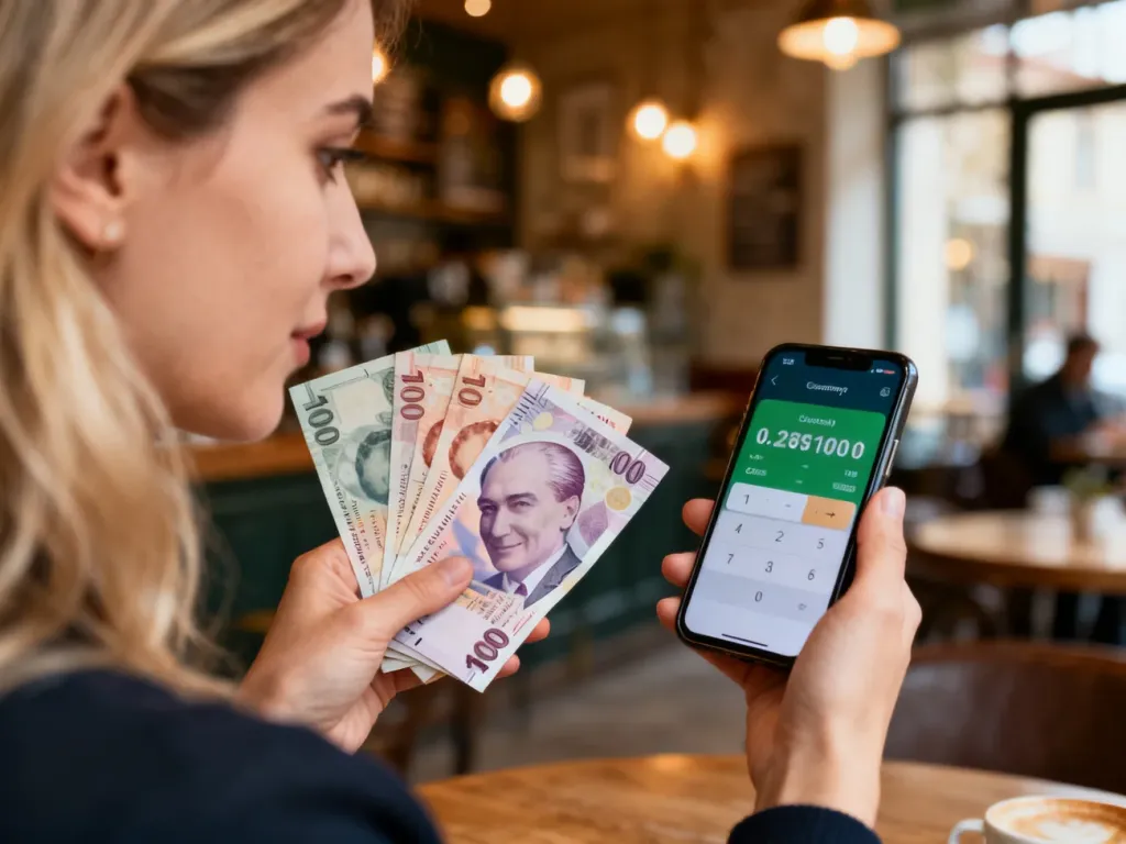 Kobieta sprawdza w telefonie kurs wymiany liry tureckiej, trzymając w dłoniach banknoty w kawiarnianym wnętrzu.