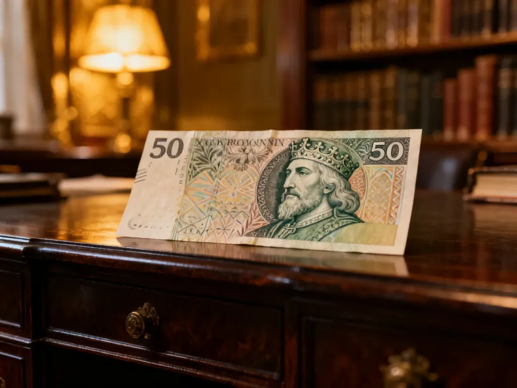 Zbliżenie na portret króla Kazimierza Wielkiego na banknocie 50 zł, wyeksponowany na eleganckim drewnianym biurku.