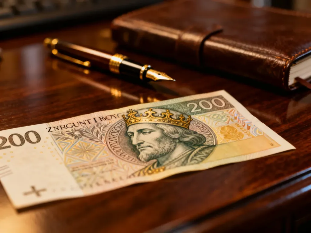 Zbliżenie na portret króla Zygmunta I Starego na banknocie 200 zł, leżącym na eleganckim drewnianym biurku.