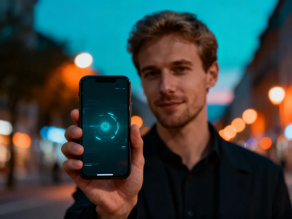 Mężczyzna płacący smartfonem w miejskiej scenerii, ilustrujący proces korzystania z płatności mobilnych BLIK.