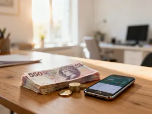 Mężczyzna zadowolony z obsługi aplikacji bankowej na smartfonie w domowym biurze.