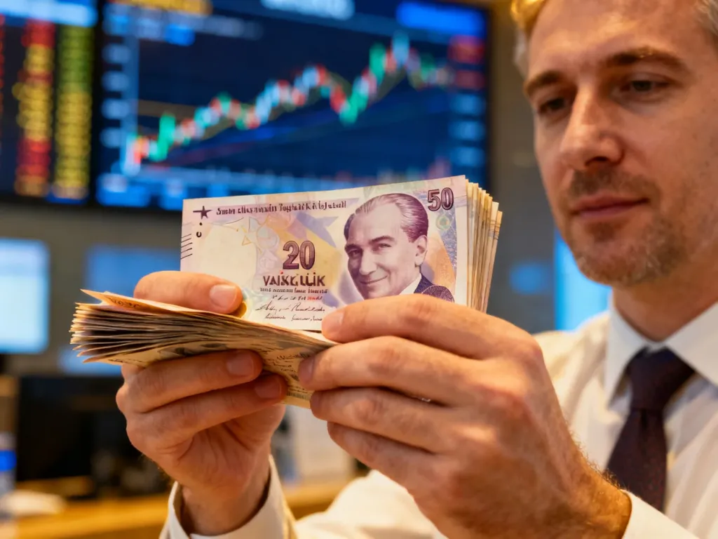 Mężczyzna trzymający w dłoniach plik banknotów liry tureckiej na tle nowoczesnego kantoru z wykresami finansowymi.