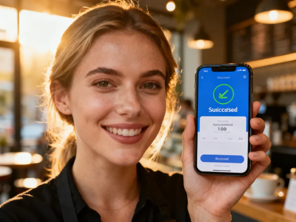 Kobieta trzymająca smartfon z widocznym ekranem płatności mobilnej w przytulnej kawiarni.