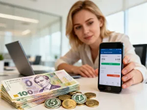 Kobieta trzymająca smartfon z cyfrową monetą TikTok, ilustrująca przelicznik wirtualnej waluty na złotówki.