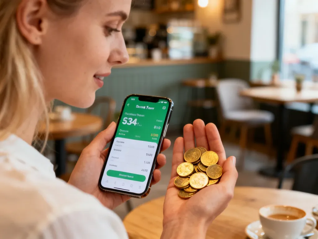 Kobieta trzymająca duńskie monety oraz smartfon z aplikacją do przeliczania walut w przytulnej skandynawskiej kawiarni.