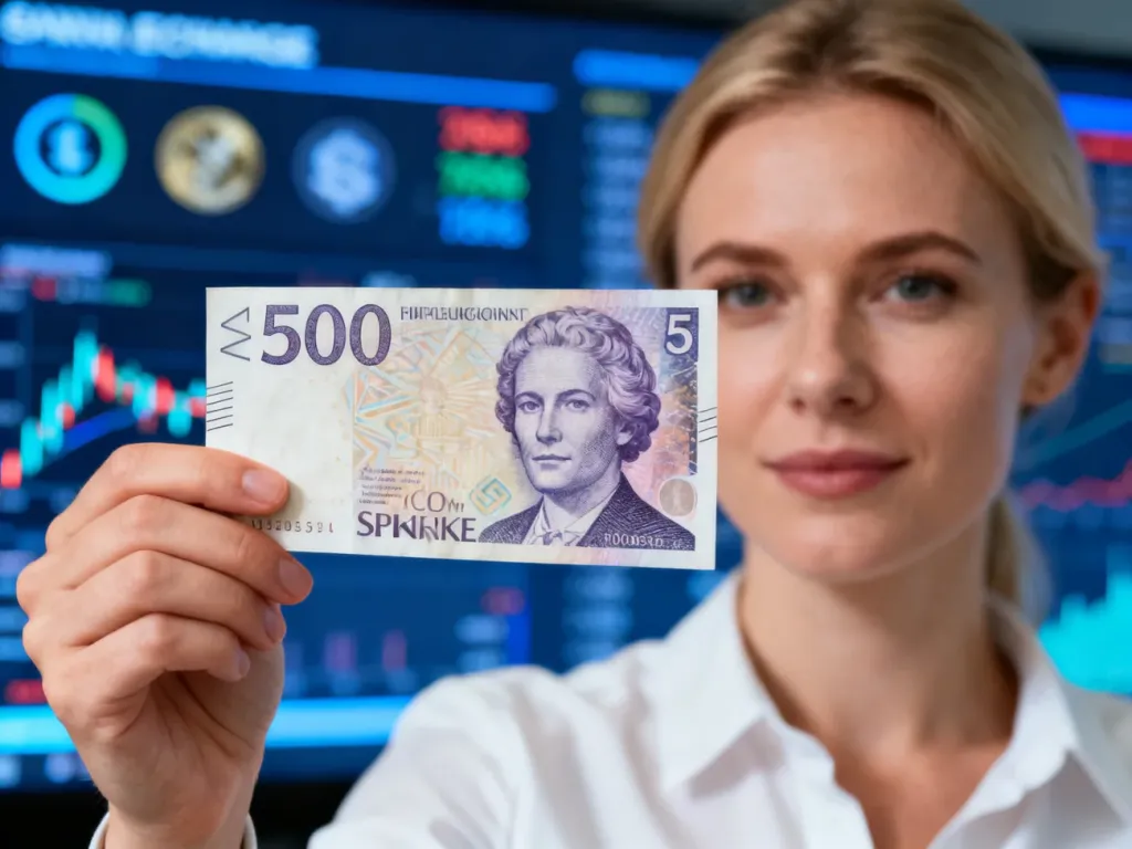 Kobieta trzymająca w dłoni szwedzki banknot 500 koron na tle cyfrowej tablicy z kursami walut.