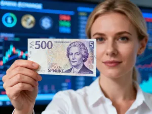 Mężczyzna trzymający w dłoni plik dolarów na tle biurka z wykresem kursów walut na ekranie laptopa.